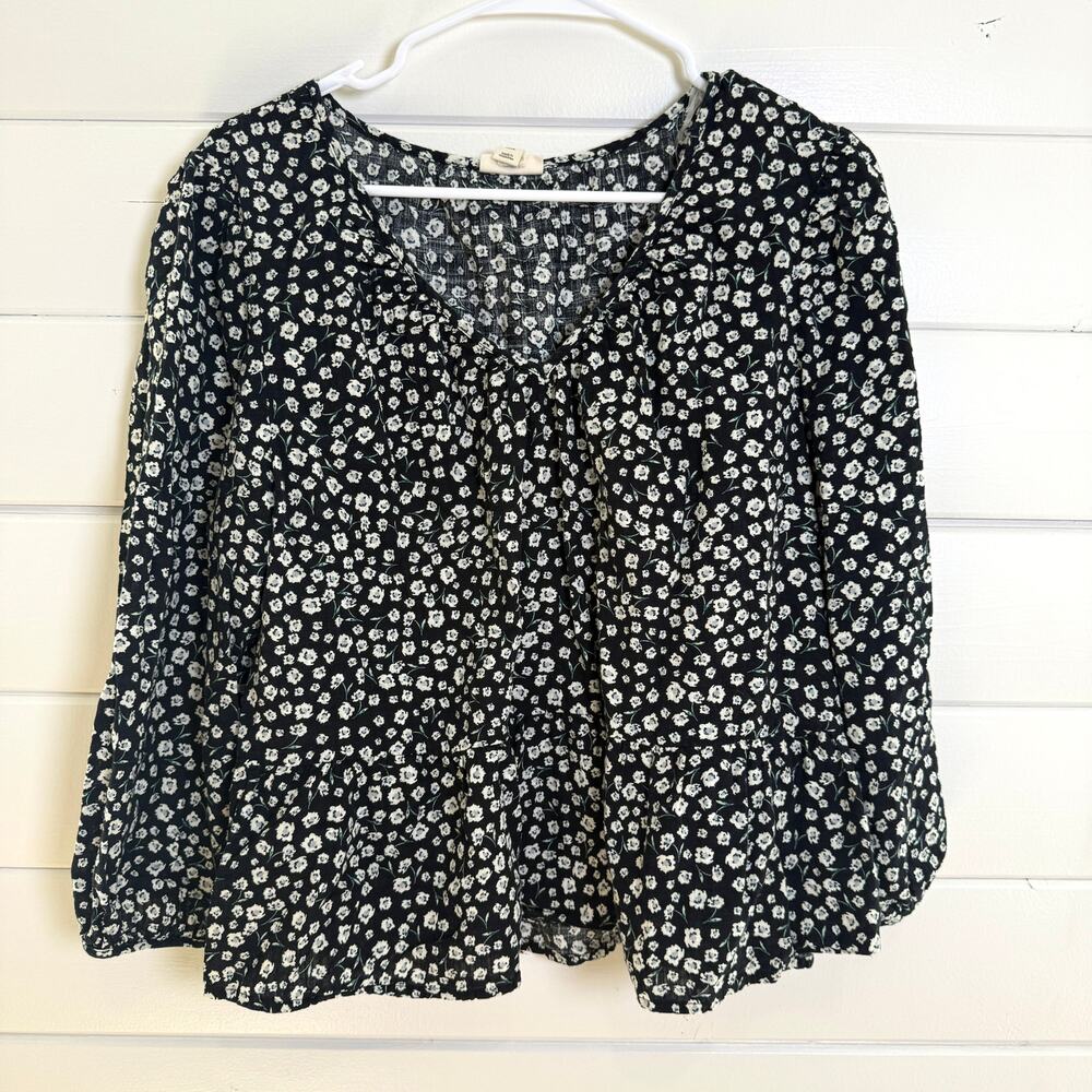 ANA Blouse Top Womens XXL Black Floral Long Sleeve V Neck Tiered‎ Boho